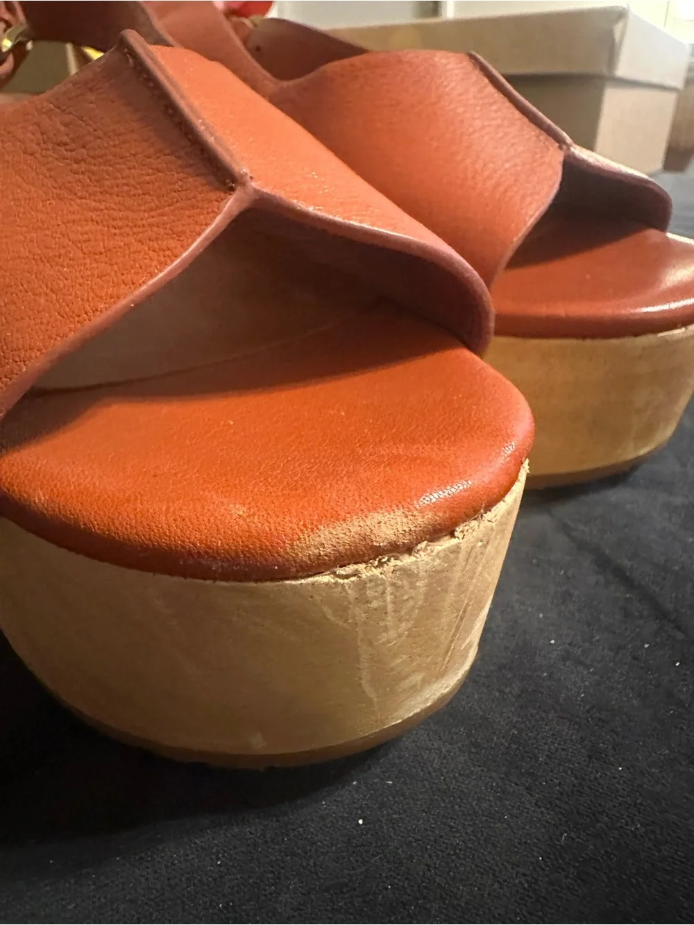 Charlotte Stone size 9 Chunky Wood Platform Slingback Sandals - Orange Leather
